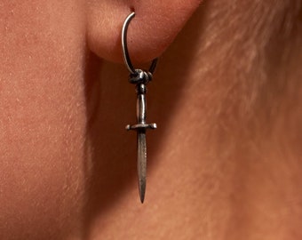 Statement Sterling Silver Dagger Sword Hoop Earrings - Handmade Unique Jewelry-EAR059