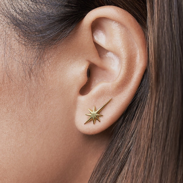 Gold Star Ear Climber: Sterling Silver Celestial Earrings