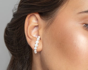 Pearl Ear Climber Handmade Silver Earrings - Delicate Bridal Earrings - STD138