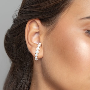 Pearl Ear Climber Silver Earrings – Delicate Bridal Jewelry – Minimalist Drop Earrings – STD138