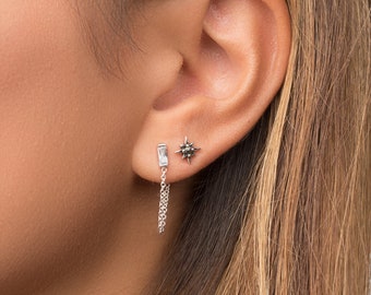 White Zirconia Chain Stud Earrings - Mismatched EarTrend - Crystal Earrings - STD088WCZ