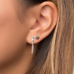 White Zirconia Chain Stud Earrings – Silver or Gold