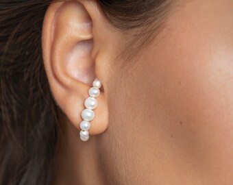 Statement Pearl Ear Cuffs Handmade Sterling Silver Earrings - Delicate Bridal Earrings - STD138