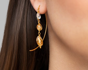 Natural Citrine Dangle Earrings – Gold Jewelry with Hammered Details- DGE034