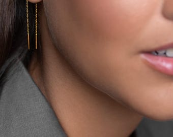 Gold Threader Earrings: Dainty Sterling Silver Chain, Minimalist Style