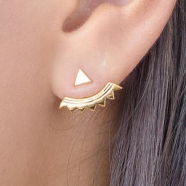 Gold Ear Jacket Floating Earrings - Best Gift for Her - Triangle Stud Earring - Geometric Jewelry -  EJK001