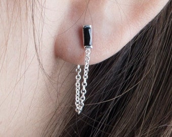 Black Zirconia Petite Chain Stud Earrings - Mistmached Ear Jewelry - Handmade Front Back Earring - STD088BCZ