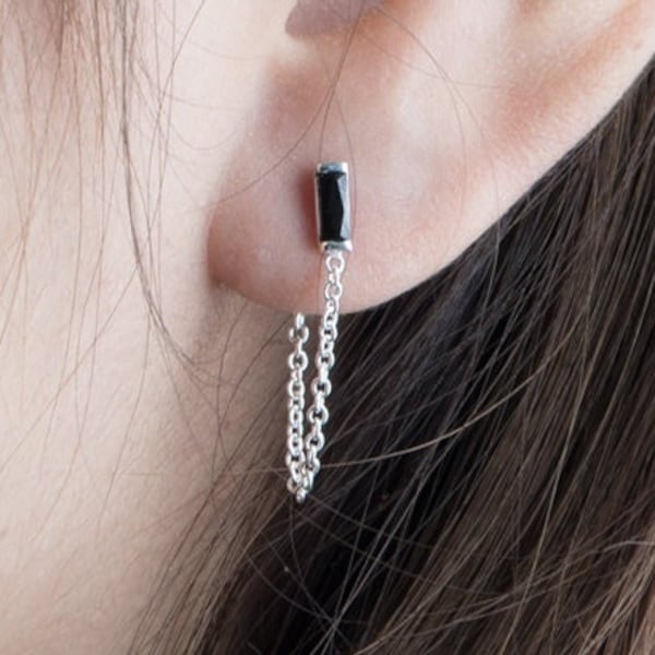 Pendientes de Circón Negro y Cadena, Plata de Ley, Chapado en Oro, Joyería Moderna Minimalista, Hecho a Mano, Regalo, Lunai, STD088BCN