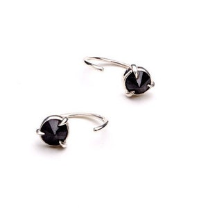 Black Gemstone Silver Huggie Hoop Earrings - Contemporary Minimalist Jewelry -EAR031BSP