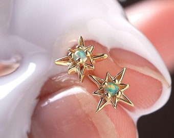 Mini Pendientes Estrella - Plata de Ley & Chapado en Oro -  Opalo Artificial -  Pendientes Estrella - Hecho a Mano - Regalo -STD049P03