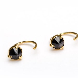Black Gemstone Silver Huggie Hoop Earrings - Contemporary Minimalist Jewelry -EAR031BSP