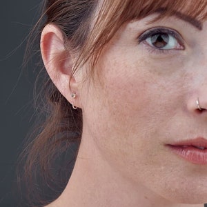 Peut inclure: Une petite boucle d'oreille anneau fine en argent portée au lobe et un anneau de nez assorti en argent. Les bijoux sont métalliques et de forme circulaire, présentant un design simple et épuré qui repose contre la peau de l'oreille et du nez.