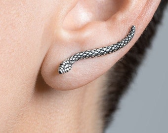 Edgy Snake Ear Cuff Climber Silver Earrings - Unique Animal Jewelry - by Lunai Jewelry - ECF023