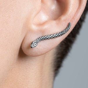 Edgy Snake Ear Cuff Climber Silver Earrings Unique Animal Jewelry by Lunai Jewelry ECF023 St Silver Oxide