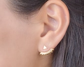 Gold Ear Jacket-Floating Earrings-Bridal Earrings-Stud Earrings- Triangle Stud Earrings- Geometric Jewelry- Bridesmaid Gift- EJK001
