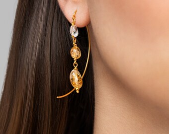 Boho Threader Earrings - Dainty Gold Citrine Jewelry - November Birthstone Earrings  - DGE034