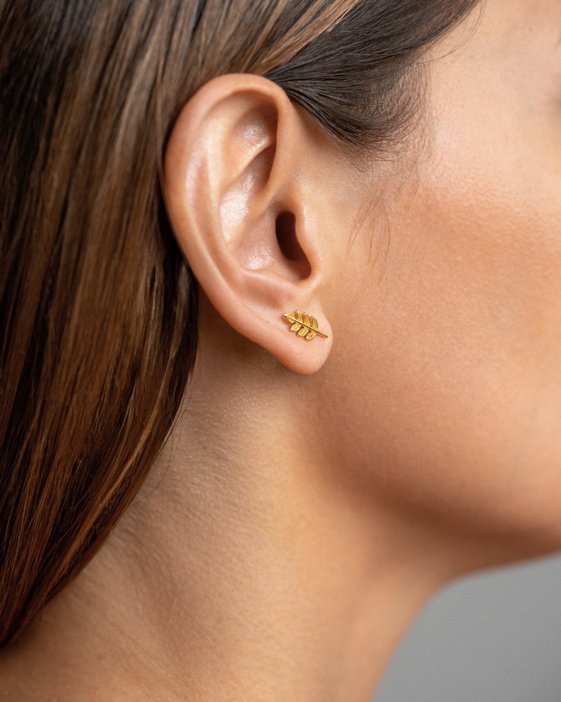 Dainty Gold Stud Earrings with Leaf Detail Handcrafted Nature-inspired Jewelry STD036 image 1