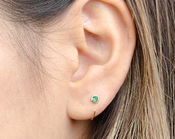 Dainty Lab Emerald Hoop Earrings - Elegant Gemstone Huggie Earrings for a Touch of Glam - EAR030