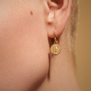 Virgin Mary Dangle Drop Earrings Gold and Silver Plated Religious Jewelry Minimalist Charm Earrings Gift for Her DGE021