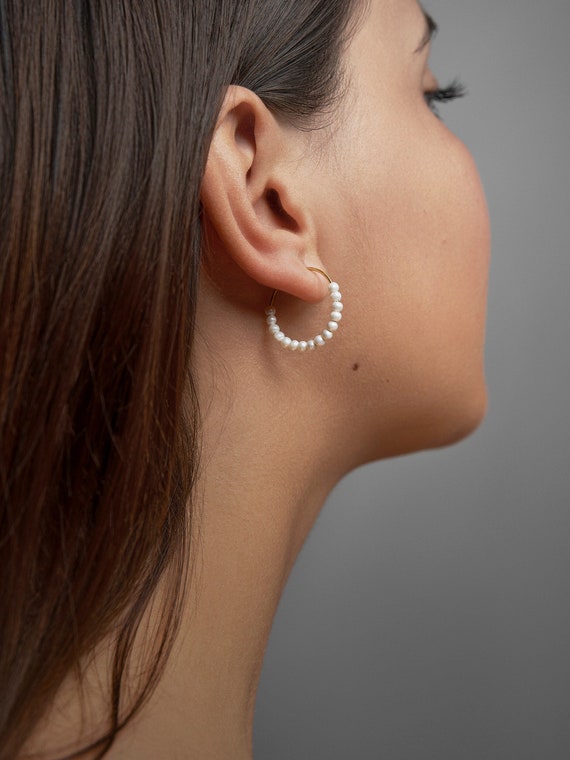 Dainty Pearl Earrings Gold Filled Hoops Minimalist Bridal Jewelry  EAR011