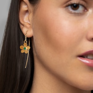 Sterling Silver Dangle Earrings: Flower Charm, Gemstone Drop - DGE033