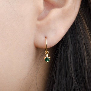 Lab Emerald Birthstone Earrings - Delicate Dangle Drops - Sterling Silver CZ Hoop Earrings - DGE001LEM