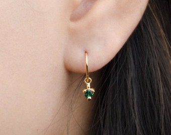 Lab Emerald Birthstone Earrings - Delicate Dangle Drops - Sterling Silver CZ Hoop Earrings - DGE001LEM