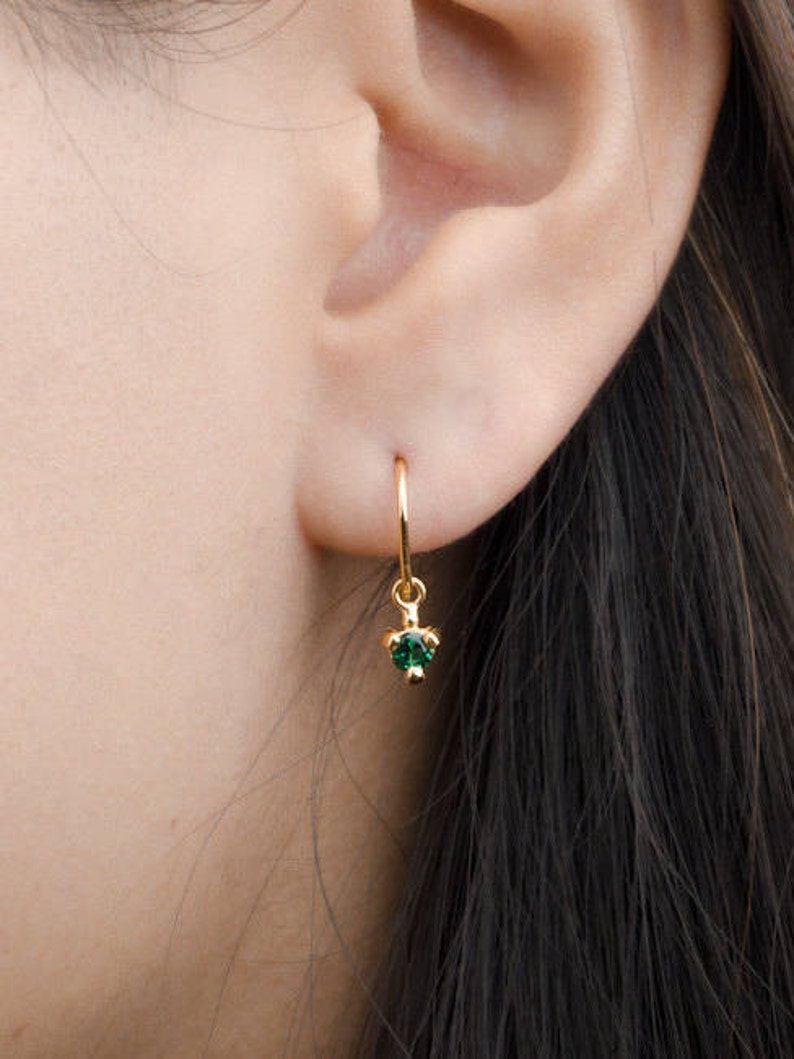 Lab Emerald Hook Earrings - Dangle Drop Earrings - Bridesmaid Gift - Tiny Birthstone Earrings - Dainty Earrings