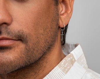 Men's Sword Dangle Hoop Earrings - Silver Huggie Style Jewelry for Him - Handcrafted Men's Sword Earrings - EAR059