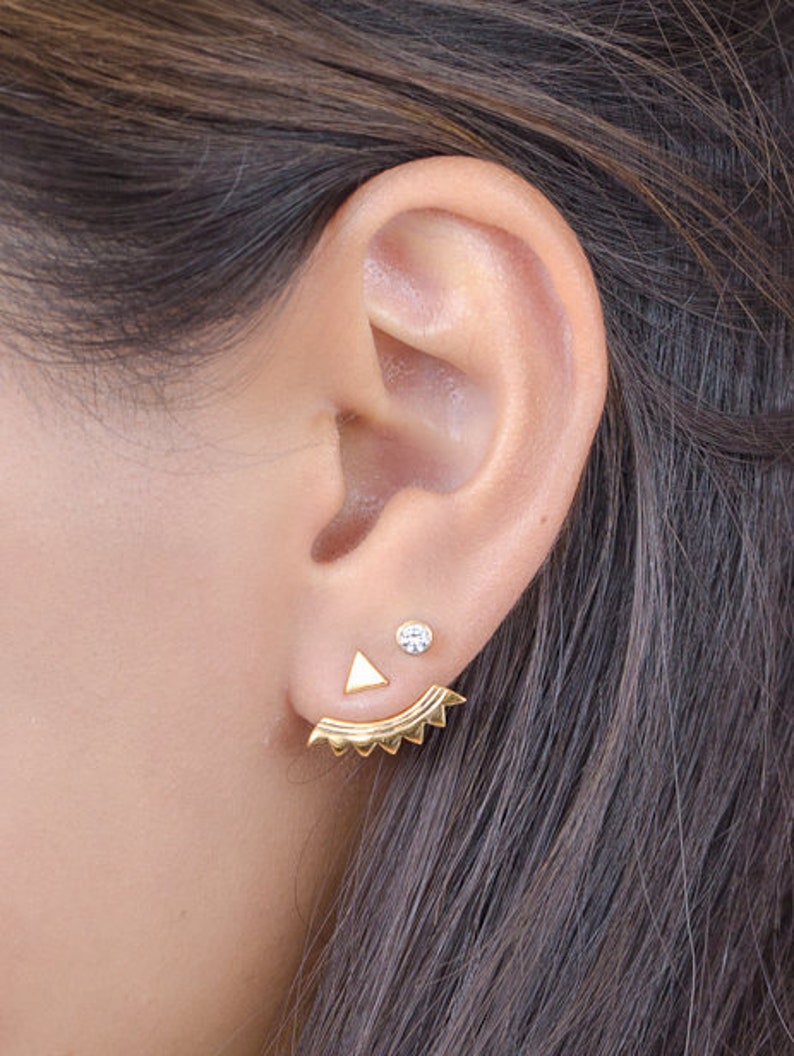 Gold Ear Jacket - Floating Earrings - Bridal Earrings - Stud Earrings - Triangle Stud Earring