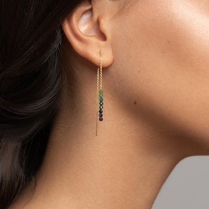 Threader Earrings Gold Chain with Gemstone – Minimalist Dainty Dangle Jewelry