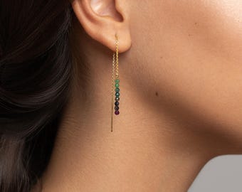 Threader Earrings Gold Chain with Gemstone – Minimalist Dainty Dangle Jewelry