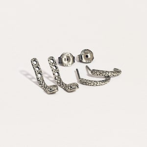 Snake ear jacket earrings in oxidized sterling silver, highlighting the unique matte texture