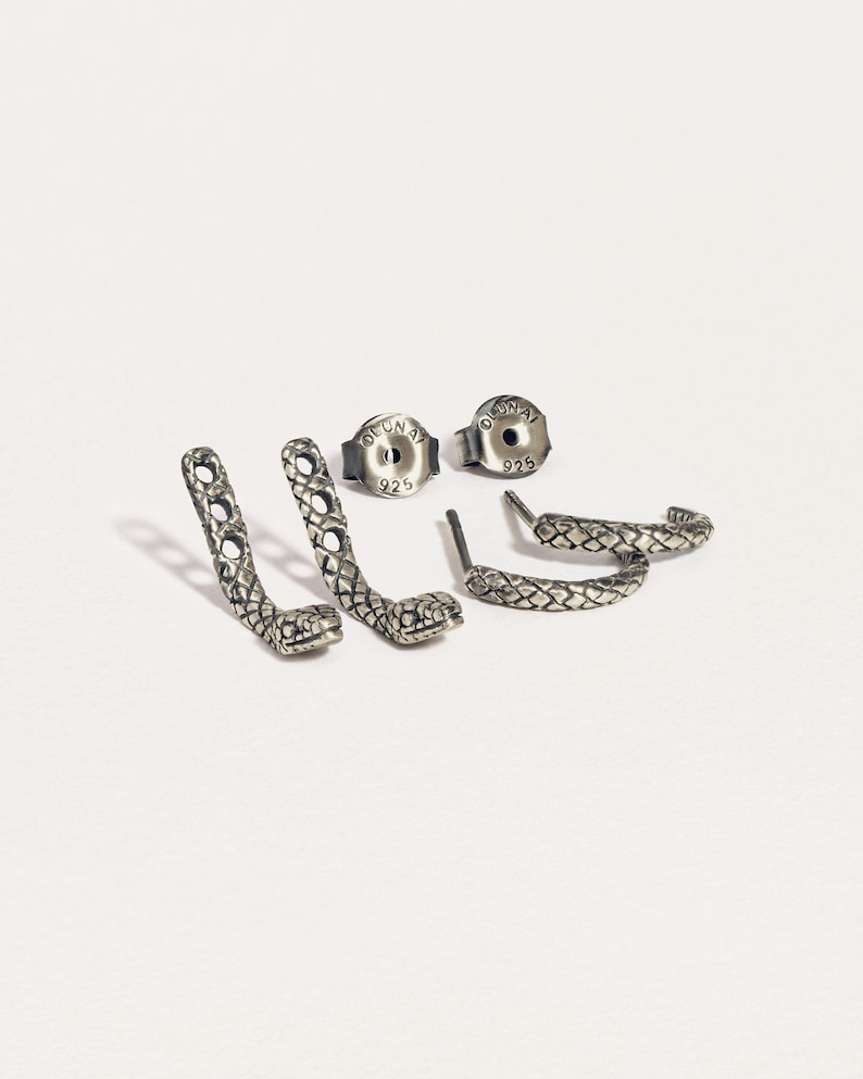 Snake ear jacket earrings in oxidized sterling silver, highlighting the unique matte texture