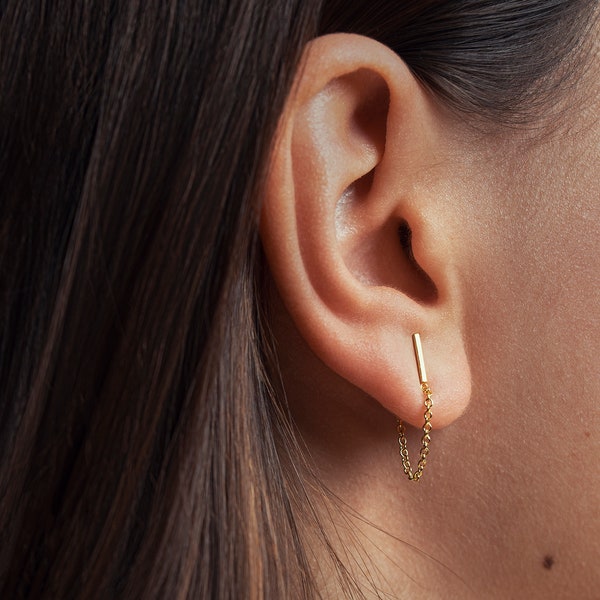 Puces d'oreilles fines - Boucles d'oreilles chaîne en or - Boucles d'oreilles chaîne courte - Boucles d'oreilles minimalistes uniques - Meilleur cadeau pour elle - STD077