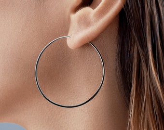 Modern Minimalist Silver Hoop Earrings - Handcrafted Large Hoop - Unique Trendy Jewelry - EAR007 B