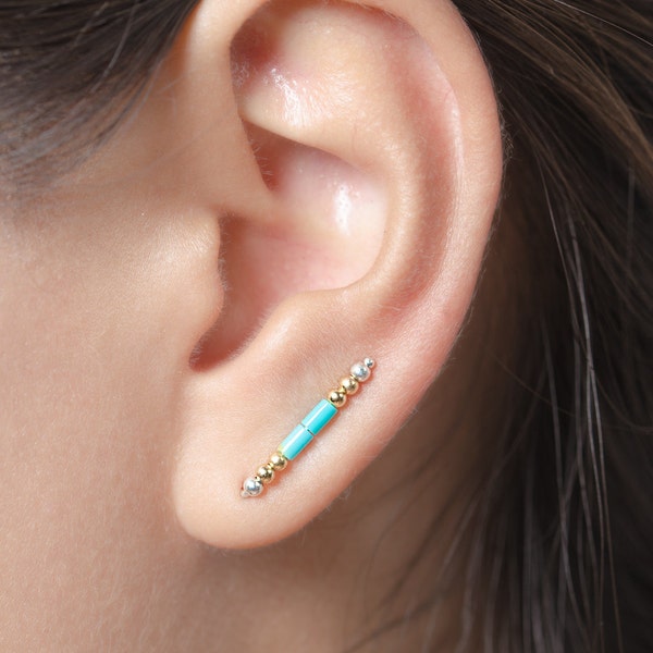 Turquoise Ear Climber - Birthstone Earrings - Ear cuff Silver - Dainty Earrings - Minimalist Earring - Ear Sweeps - Bridesmaid Gift - ECF017