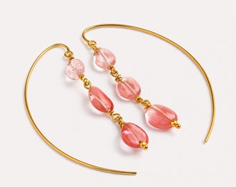 Dainty Gemstone Hoop Earrings in Gold - Pink Cherry Quartz Minimalist Dangle Earrings - DGE034