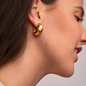 Chunky Creole Earrings - Gold Hammered Hoops - Gift for Wife - STD154