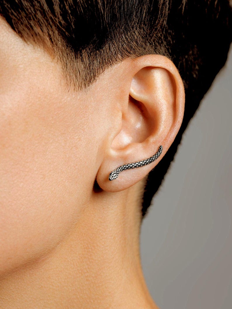 Edgy Snake Ear Cuff Climber Silver Earrings - Unique Animal Jewelry - by Lunai Jewelry - ECF023 image 1