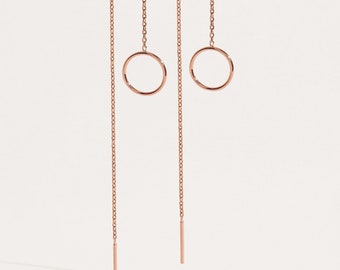 Dainty Circle Earrings -  Minimalist Long Chain Earrings - Delicate Geometrics Jewelry - CHE025
