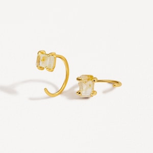 Gold Rutilated Quartz Huggie Hoop Minimalist Bridal Earrings - Gift for Her - EAR145GRQ
