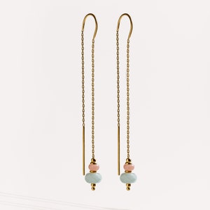 Handmade Aquamarine & Pink Opal Earrings Lovely Mother's Day Gift Gemstone Dangles CHE048 image 2