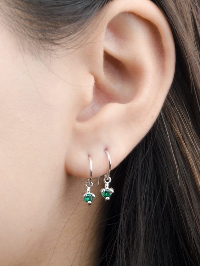 Lab Emerald Hook Earrings - Dangle Drop Earrings - Bridesmaid Gift - Tiny Birthstone Earrings - Dainty Earrings