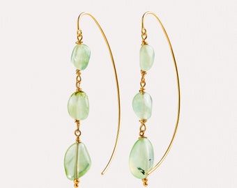 Handmade Large Gold Wishbone Earrings with Prehnite Gemstone - Beaded Jewelry - Green Dangle Earrings Gift for Her - DGE034