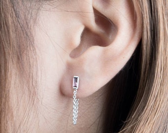 Boucles d'oreilles chaîne avec arrière-plans - Puces d'oreilles en améthyste pour femme - Bijoux avec pierres de naissance de février - STD088AMT