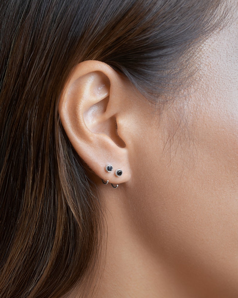 Black Sapphire Huggies Gemstone Hoop Earrings - Dainty Ear Cuffs