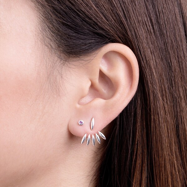 Unique Silver Ear Jacket Earrings - Minimalist Elegance with an Edgy Vibe- EJK003