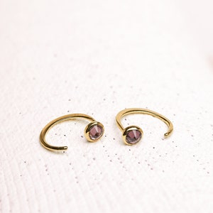 Tiny Purple Garnet Hoop Earrings - Handcrafted Gold Plated Jewelry for Her - EAR030PGR