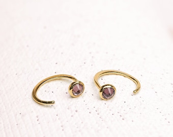 Tiny Purple Garnet Hoop Earrings - Handcrafted Gold Plated Jewelry for Her - EAR030PGR